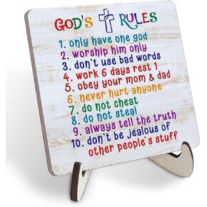 Ten Commandments Plaque Sign Decor for Kids, Boys, Girls Bedroom, Toddler Room or Nursery - Religious Bible Verse Desk Plaque Sign Gift Kids, Boys Girls, Christian Scripture Home Decoration