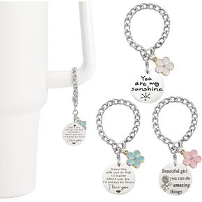 SANUIU 3Pcs Flower Chain Charms for Cup Handle, Bottle Accessories for Bottle Handle, Inspirational Words Tag with Pink, Blue, White Flower Charms, Customized Gifts for Girls, Family, Friends