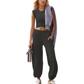 Womens Two Pieces Lounge Outfits Athletic Sets Workout Cropped Tops Casual Sweatpants Tracksuits Joggers with Pockets