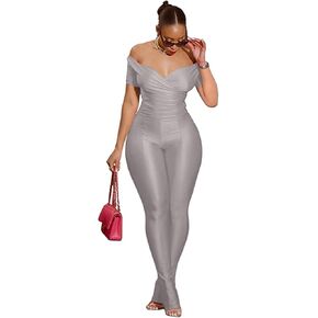 Women's Two Piece Outfits Clubwear Sexy Off Shoulder Short Sleeve Bodycon Flared Pant Summer Jumpsuit Sweatsuits