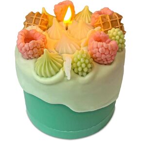 Realistic Birthday Cake Shaped Scented Candles with Raspberries Cookies and Green Cream, Novelty Birthday Gift for Friend and Bestie