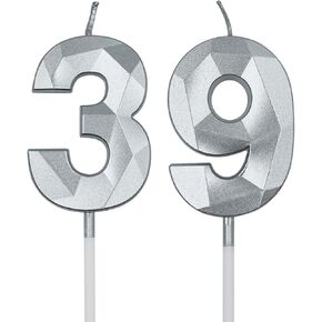 39th & 93rd Birthday Candles for Cake, Silver Number 39 93 3D Diamond Shaped Candle Birthday Decorations Party Supplies for Women or Men