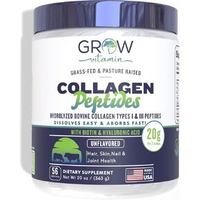 Collagen Peptides Powder 20g with Hyaluronic Acid & Biotin - Unflavored Grass Fed Collagen Powder with Hydrolyzed Type I & III Collagen Supplements - Hair, Nail, Skin & Joint Support - 56 Servings