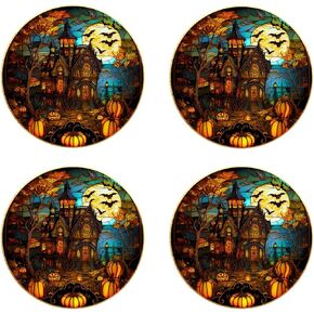 4 Pcs Window Clings Sticker Decor Round Glass Decal Colorful Scary Castle Stickers Glass Decals for Halloween Party Decorations Home Supplies