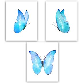 Butterfly Wall Art Decor - Vintage Butterfly Wall Art Canvas Poster - Blue Butterfly Wall Decor for Girls Room - Set of 3 (8X10 Inch, Unframed)