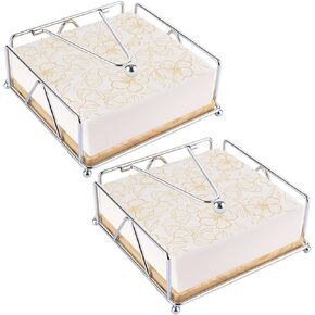 2 Pack Napkin Holder for Table, Flat Napkin Holders with Weighted Arm Metal Paper Napkin Holder with Wooden Base for Kitchen, Countertop, Dinner, Table, Sliver