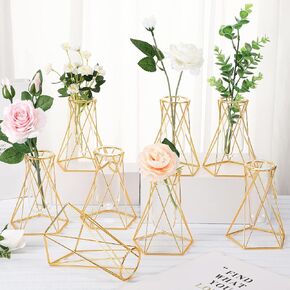 Modern 8-Piece Gold Test Tube Vase Set - Geometric Hydroponic Flower Stand with Glass Cylinders for Home Decor, Weddings, Offices