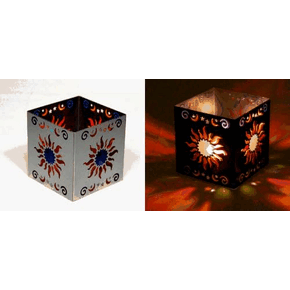 Square Sun Silver Metal Tealight Candle Holder - 3" x 3" (Candleholder / Celestial)