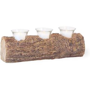 Boston International Sculpted Resin Candle Holder, Pilar, Pine Logs