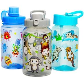 Home Tune 3 Pack 16oz Kid Water Drinking Bottle - BPA Free, Flip Straw Cap, Carry Loop, Chug Lid, Wide Mouth, Lightweight, Leak-Proof Water Bottle with Cute Design For Girls & Boys - Animals