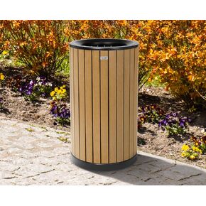 Alpine 32 Gallon Commercial Outdoor Trash Can - Heavy Duty Garbage Can Outdoor, Industrial Open Top Trash Can with Plastic Panels for Patio, Parks, Trails, Resorts (Flat Lid - Cedar)