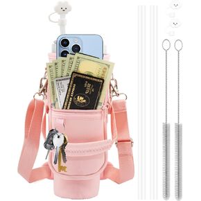 7 PCS Water Bottle Carrier Bag with Phone Pocket Stanley Cup 40oz Accessories with 2 Straw Covers 2 Straws 2 Brushes Tumbler Neoprene Water Bottle Holder Pouch with Adjustable Shoulder & Hand Straps