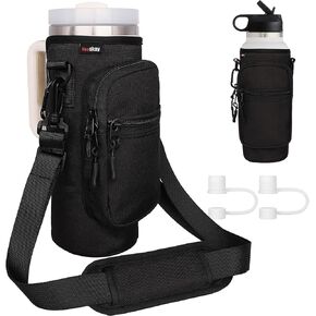 Water Bottle Holder with Strap Canvas Water Bottle Holder as Stanley Carrier 40oz, 32-40oz Hydro Flask Water Bottle Holder Water Bottle Carrier with 1PC Carabiner Clip and 2PCS Straw Covers