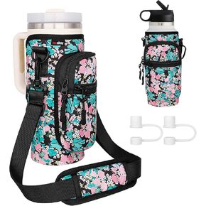 Water Bottle Holder with Strap Canvas Water Bottle Holder as Stanley Carrier 40oz, 32-40oz Hydro Flask Water Bottle Holder Water Bottle Carrier with 1PC Carabiner Clip and 2PCS Straw Covers