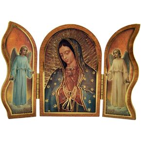Gold Embossed Our Lady of Guadalupe Icon Folding Wooden Triptych, 3 1/2 Inch
