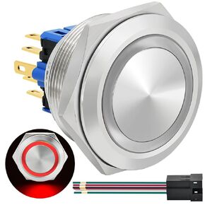 مفتاح زر ضغط 30 مم، زر كبير أبيض DPDT/SPDT مقاوم للماء IP67 مع مفتاح تشغيل معدني من الفولاذ المقاوم للصدأ 24 فولت، فتحة تركيب 1.18 بوصة مع مقبس