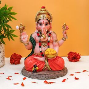 BangBangDa Hindu God Ganesha Blessing Statue - 8.4"H Polystone Indian Murti Ganesh Idol Ganapati Gift for Indian Birthday Diwali Housewarming Home Temple Mandir Altar Pooja Item