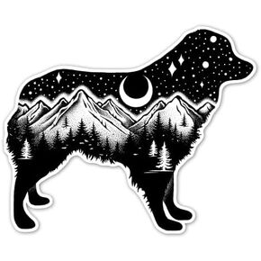 Australian Shepherd Decal Sticker for Car-Truck Windows Plus Laptops and Tumblers - Aussie Dog Vinyl Sign Art Print with a Forest, Trees and Mountains at Night with Moon and Stars, 5in x 4in, Small