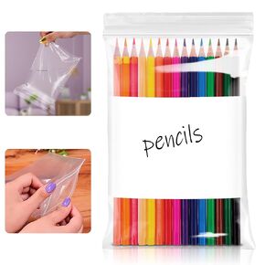 White Block Reclosable Bags, 5 x 8 Inch. Pack of 100 Zipper Bags for Food Storage with Write-On Block. Waterproof Bags for Small Business, 4 Mil. Clear Bags for Packaging Products
