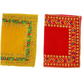 Set of 2 Mat Aasan Velvet Pooja Cloth Aasan Decorative Cloth (Size:-18 Inches X 12 Inches) for Multipurpose Indian Traditional Pooja Festival Decorations Item and Pooja Article Laxmi (Red & Yellow)