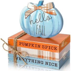 Whaline Fall Wooden Tiered Tray Decor Faux Decorative Stacked Books Bundle Wooden Pumpkin Decor Hello Fall Wooden Block Sign for Autumn Thanksgiving Farmhouse Rustic Decor Kitchen Home Decoration