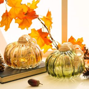glitzhome 3Pcs Handmade Table Top Glass Pumpkin, Collectible Sculpture Glass Pumpkins for Fall Halloween Thanksgiving Decorations, Orange