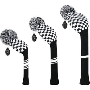 LeFeng 3 Pieces Golf Club Covers Set Knitted Golf Head Covers for Driver Fairway Woods and Hybrid with Cute Pom Pom and Number Tag