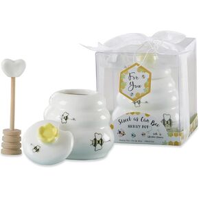 Kate Aspen Sweet as Can Bee Ceramic Mini Honey Pot with Wooden Honey Dipper (3.4 oz) Honey Jar, Bee Decor, White/Yellow (23261WT)