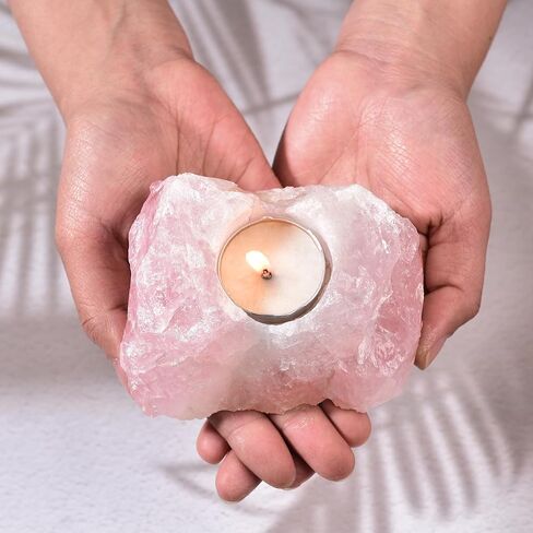 AMOYSTONE روز كوارتز Tealight شمعة حامل حجر وردي شمعدان شفاء طبيعي كريستال حامل نبات الهواء 1.5-2.5 رطل in Kuwait