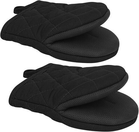 Qulable 1 Pair Short Oven Mitts - Silicone Kitchen Oven Gloves High Heat Resistant 500℉, Mini Oven Mits with Non-Slip Grip Surfaces and Hanging Loop for BBQ, Baking, Cooking and Grilling (Black) in Saudi Arabia