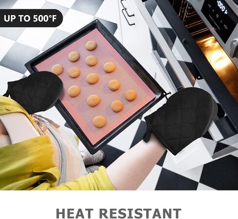Qulable 1 Pair Short Oven Mitts - Silicone Kitchen Oven Gloves High Heat Resistant 500℉, Mini Oven Mits with Non-Slip Grip Surfaces and Hanging Loop for BBQ, Baking, Cooking and Grilling (Black) in Saudi Arabia