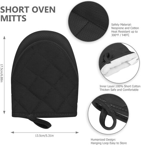Qulable 1 Pair Short Oven Mitts - Silicone Kitchen Oven Gloves High Heat Resistant 500℉, Mini Oven Mits with Non-Slip Grip Surfaces and Hanging Loop for BBQ, Baking, Cooking and Grilling (Black) in Saudi Arabia