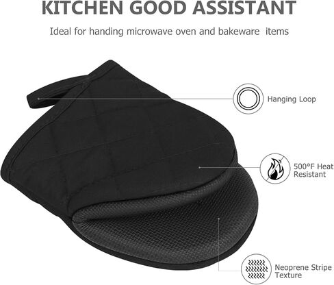 Qulable 1 Pair Short Oven Mitts - Silicone Kitchen Oven Gloves High Heat Resistant 500℉, Mini Oven Mits with Non-Slip Grip Surfaces and Hanging Loop for BBQ, Baking, Cooking and Grilling (Black) in Saudi Arabia