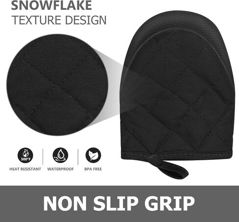 Qulable 1 Pair Short Oven Mitts - Silicone Kitchen Oven Gloves High Heat Resistant 500℉, Mini Oven Mits with Non-Slip Grip Surfaces and Hanging Loop for BBQ, Baking, Cooking and Grilling (Black) in Saudi Arabia