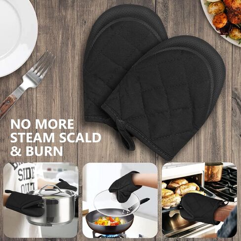 Qulable 1 Pair Short Oven Mitts - Silicone Kitchen Oven Gloves High Heat Resistant 500℉, Mini Oven Mits with Non-Slip Grip Surfaces and Hanging Loop for BBQ, Baking, Cooking and Grilling (Black) in Saudi Arabia