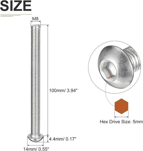 M8-1.25x100mm Button Head Socket Cap Screws - 6Pack - Good for Machine - 304 Stainless Steel 18/8 - Hex Drive Full Thread Fasteners in Saudi Arabia