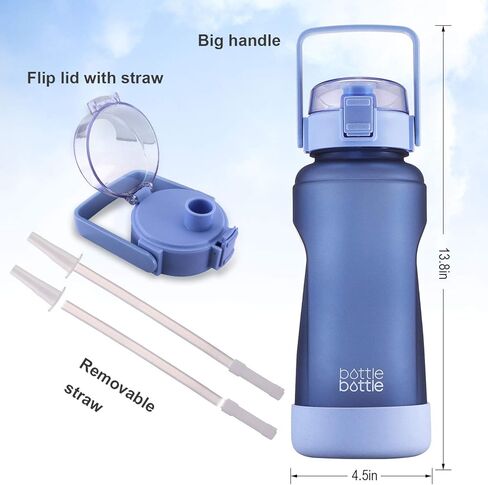 زجاجة مياه نصف جالون مع علامة زمنية وقش للتمرين وزجاجة مياه مانعة للتسرب للبالغين والأطفال إبريق ماء بسعة 64 أونصة مع حذاء سيليكون واقٍ (أرجواني) in Kuwait