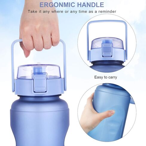 زجاجة مياه نصف جالون مع علامة زمنية وقش للتمرين وزجاجة مياه مانعة للتسرب للبالغين والأطفال إبريق ماء بسعة 64 أونصة مع حذاء سيليكون واقٍ (أرجواني) in Kuwait