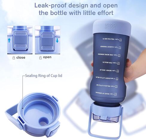 زجاجة مياه نصف جالون مع علامة زمنية وقش للتمرين وزجاجة مياه مانعة للتسرب للبالغين والأطفال إبريق ماء بسعة 64 أونصة مع حذاء سيليكون واقٍ (أرجواني) in Kuwait