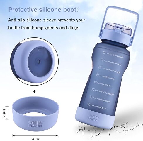 زجاجة مياه نصف جالون مع علامة زمنية وقش للتمرين وزجاجة مياه مانعة للتسرب للبالغين والأطفال إبريق ماء بسعة 64 أونصة مع حذاء سيليكون واقٍ (أرجواني) in Kuwait