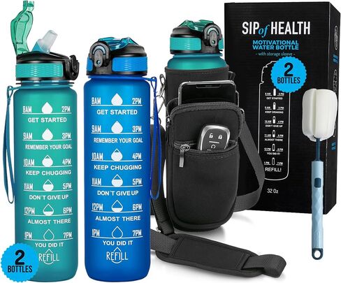 2 PACK: 32 Oz Water Bottle with Time Marker - Motivational Gym Water Bottle with Strap & Holder for Everyday Use | Water Bottles with Times to Drink | Big Water Bottle with Straw, Leak Proof & Durable in Saudi Arabia