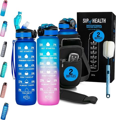 2 PACK: 32 Oz Water Bottle with Time Marker - Motivational Gym Water Bottle with Strap & Holder for Everyday Use | Water Bottles with Times to Drink | Big Water Bottle with Straw, Leak Proof & Durable in Saudi Arabia