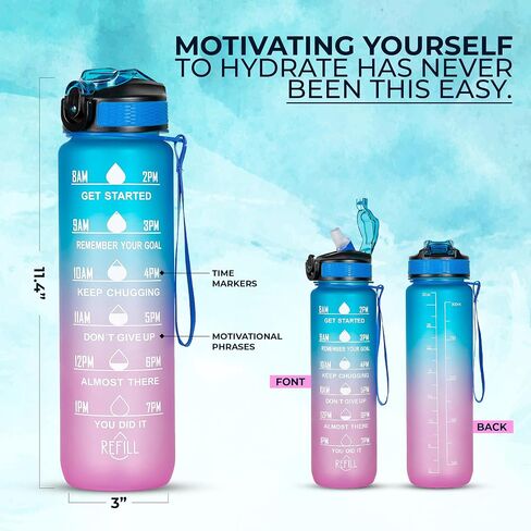2 PACK: 32 Oz Water Bottle with Time Marker - Motivational Gym Water Bottle with Strap & Holder for Everyday Use | Water Bottles with Times to Drink | Big Water Bottle with Straw, Leak Proof & Durable in Saudi Arabia