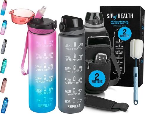 2 PACK: 32 Oz Water Bottle with Time Marker - Motivational Gym Water Bottle with Strap & Holder for Everyday Use | Water Bottles with Times to Drink | Big Water Bottle with Straw, Leak Proof & Durable in Saudi Arabia
