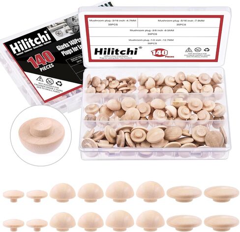 Hilitchi 140Pcs 1/2" 3/8" 5/16" 3/16" Wooden Hole Plugs Set, Wood Plugs Button Plugs Button Screw Covers Maple Button Plugs Hardwood Plugs for Covering Screw Holes in Saudi Arabia