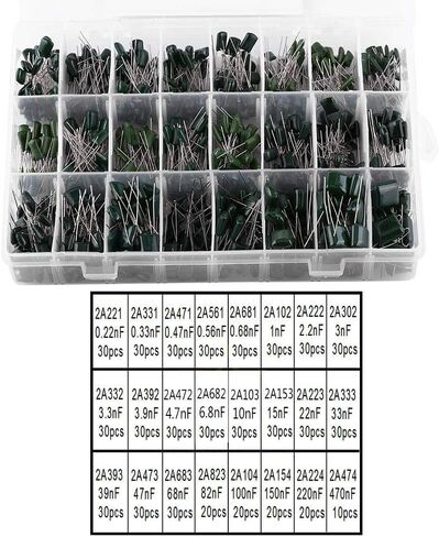 24 قيم 660 قطعة 100 فولت مجموعة متنوعة من المكثفات مع صندوق تخزين، 0.22nF-470nF طبقة بوليستر مجموعة مكثفات ورقية in Kuwait