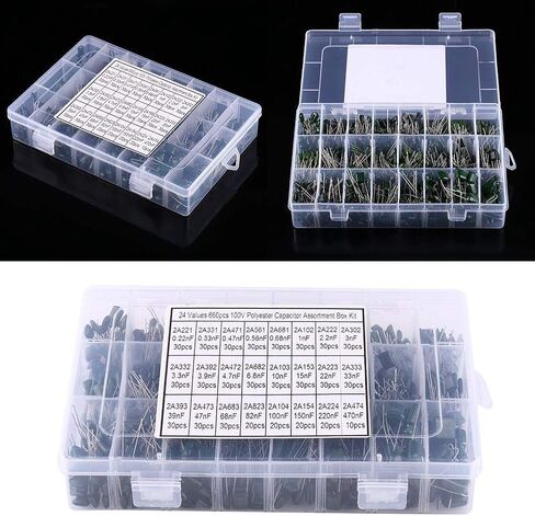 24 قيم 660 قطعة 100 فولت مجموعة متنوعة من المكثفات مع صندوق تخزين، 0.22nF-470nF طبقة بوليستر مجموعة مكثفات ورقية in Kuwait