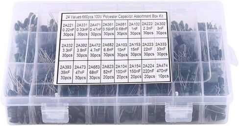 24 قيم 660 قطعة 100 فولت مجموعة متنوعة من المكثفات مع صندوق تخزين، 0.22nF-470nF طبقة بوليستر مجموعة مكثفات ورقية in Kuwait