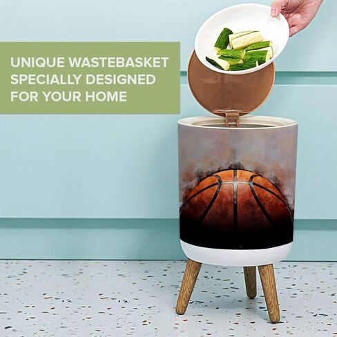 Small Trash Can with Lid Basketball Garbage Bin Round Waste Bin Press Cover Dog Proof Wastebasket for Kitchen Bathroom Living Room 1.8 Gallon in Saudi Arabia
