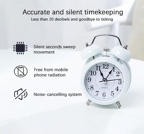 منبه بصوت عالٍ 3 بوصات منبه مزدوج الجرس للنوم الثقيل/كبار السن/الأطفال/الكبار، ديكور ساعة منبه (أبيض) in Kuwait